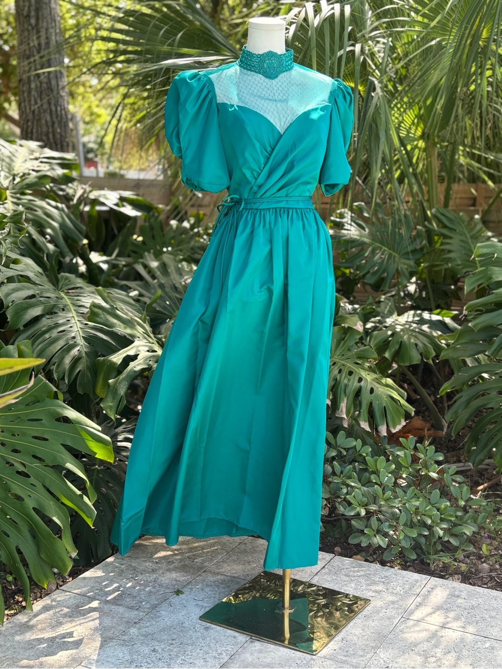 Vintage 1980s Teal Illusion Yoke Puff Sleeve Maxi Dress